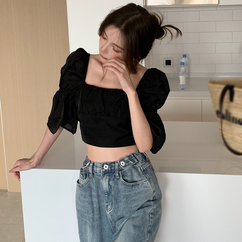 Áo sơ mi tay ngắn cổ vuông màu trơn phong cách Hàn Quốc thời trang