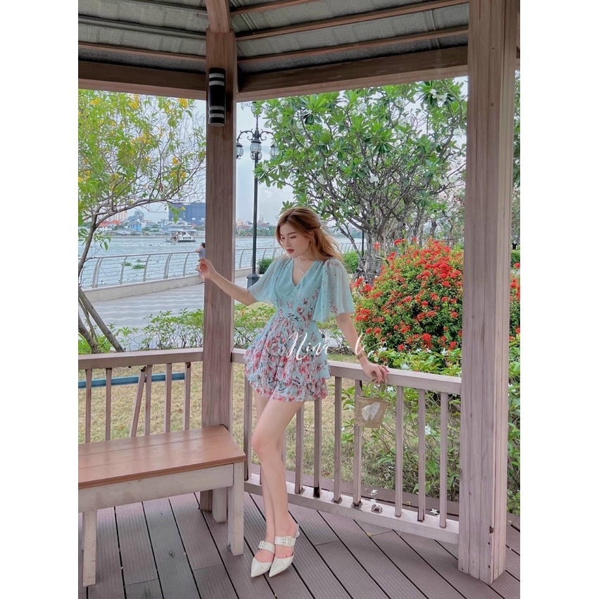 [Sales FreeShip] Đầm Voan Tay Bèo In 2 Lớp Cổ V Đầm Tầng Hoa Qúy Phái