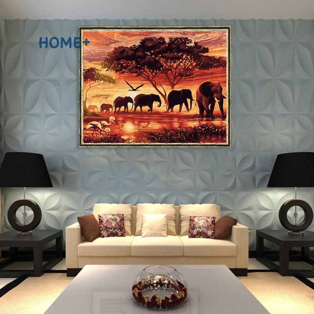 Tranh phong cảnh vẽ voi bằng vải bố không khung tự tô màu theo số kích thước 40x50cm trang trí phòng ốc hiện đại