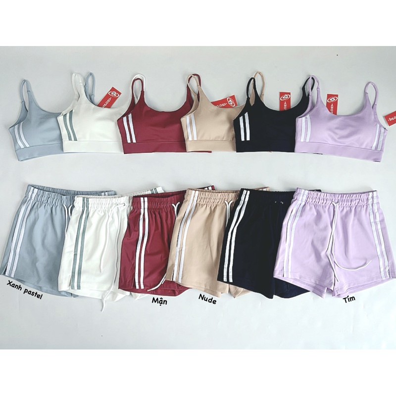 Set thể thao đùi ngắn nữ tập gym yoga 2 sọc bảng màu pastel siêu xinh