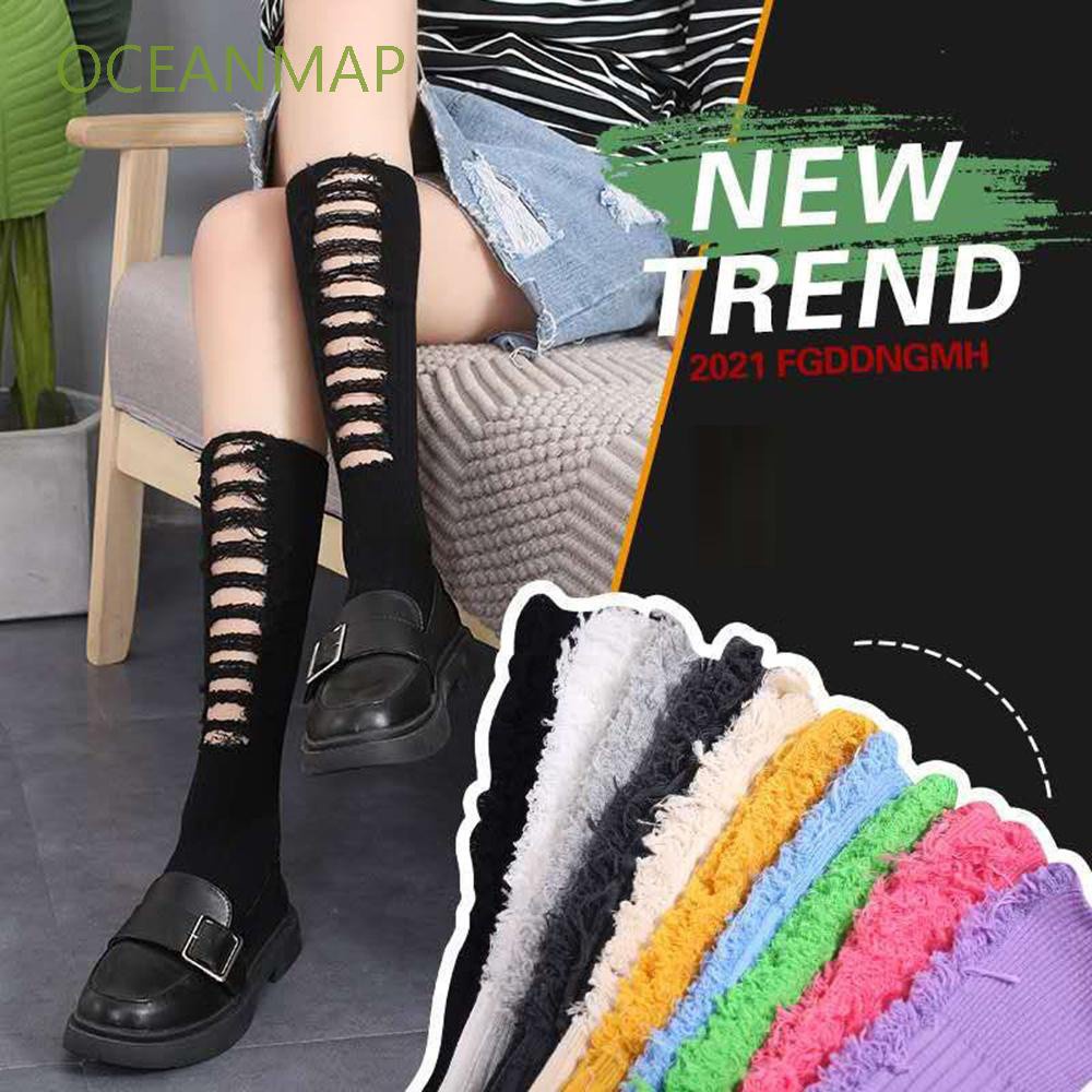 Vớ cotton cổ cao rách gối nhiều màu sắc phong cách hip hop cá tính cho nữ