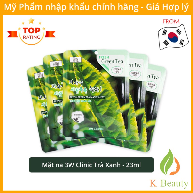 Bịch 10 Túi Mặt nạ giấy dưỡng trắng da chiết xuất Trà Xanh - 3W Clinic Fresh Green Tea Mask Sheet - Hàn Quốc 23mlx10