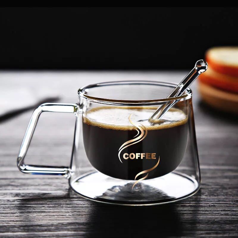 Ly Thủy Tinh Chịu Nhiệt Trong Suốt 2 Lớp Cách Nhiệt In Chữ Cafe - Thủy Tinh Borosilicate Cao Cấp