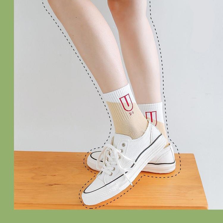❤️FREESHIP❤️ Tất - Vớ Nam Nữ Cotton Trơn Ulzzang Cổ cao phối màu chữ D chống trượt Phong Cách Vintage Hàn Quốc mã TA08