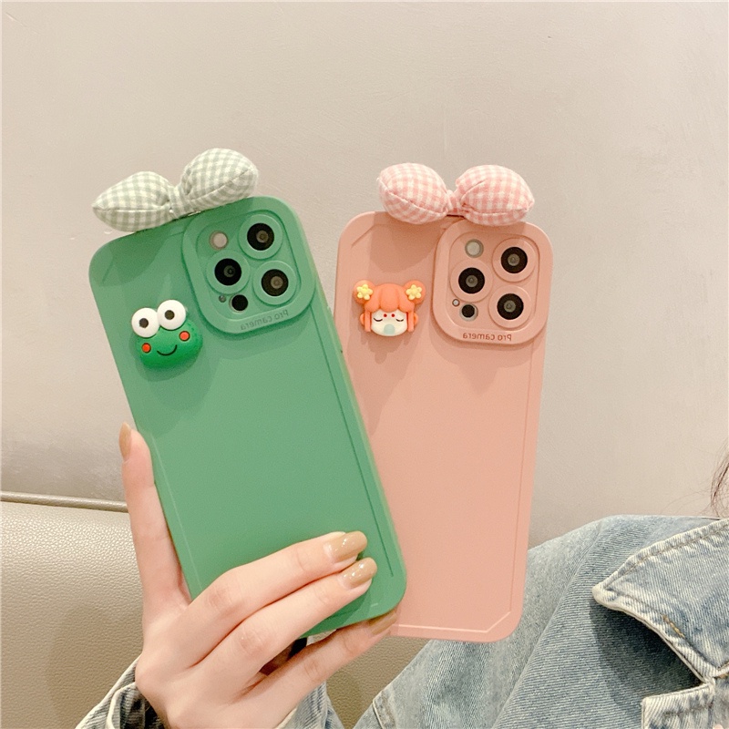 Homemade 3D Bow Bubble Girl and Frog Dirt Resistant Silicone Phone Case iPhone 13 13Pro 13Promax 12 12Pro 12Promax 11 11Pro 11Promax X Xsmax Xr 8 7Plus
