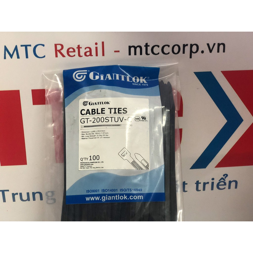 Túi 100 Dây thít, dây rút nhựa màu đen 200×4.8mm chống tia UV GT200STCBUV nhập khẩu Giantlok-Thái Lan