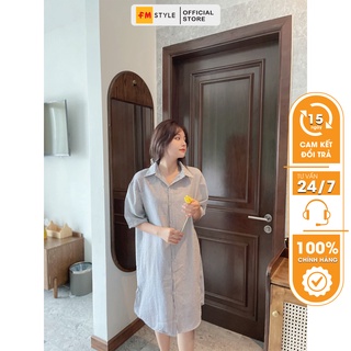 Đầm Sơ Mi Dáng Dài FM Style Họa Tiết Kẻ Sọc Phong Cách Retro Hàn Quốc Nữ Tính 21052261