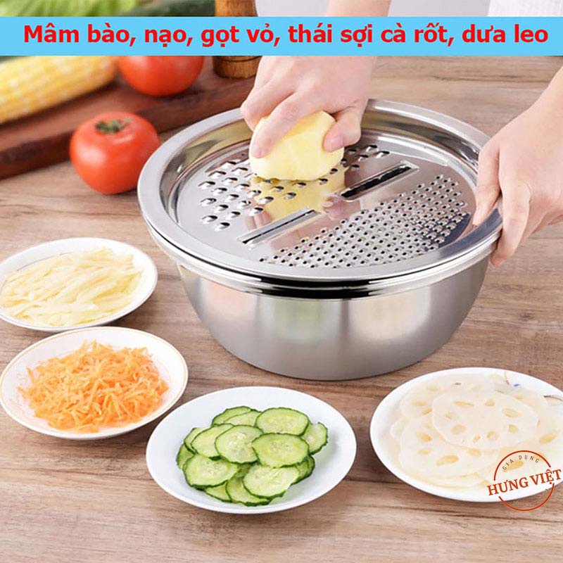 Bộ rổ và chậu inox kèm mâm nạo, bào và gọt vỏ rau, củ, quả 3 trong 1 (3 in 1, 3 chi tiết) đa năng, tiện dụng, tiết kiệm