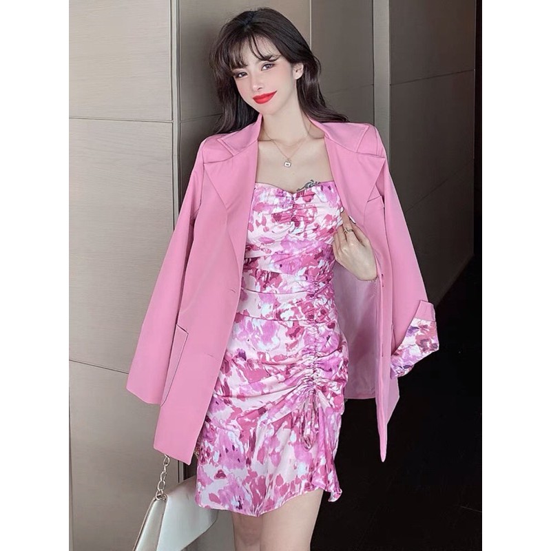 Áo Khoác Vest, Áo Blazer Kèm Đầm Hoa 2 Dây Thiết Kế Hiện Đại- Hàng Quảng Châu- FREESHIP