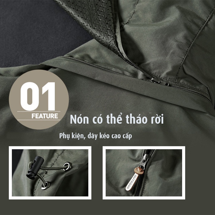 Áo khoác nam vải dù nhẹ thoáng khí không thấm nước nón có thể tháo rời - Hàng nhập khẩu - AK2102