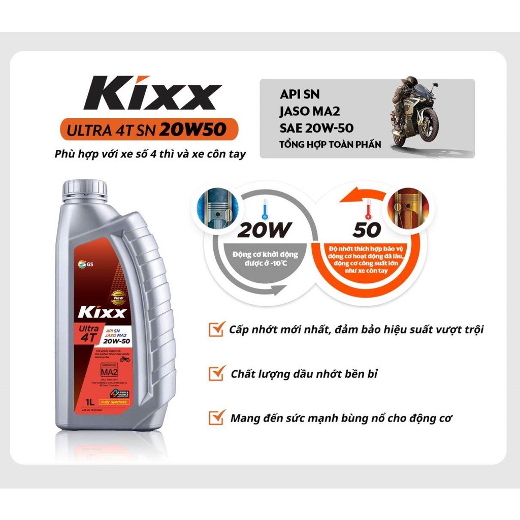 Dầu Nhớt Xe Số KIXX Ultra 4T 20W-50 SN/MA2 1 Lít Hàng Chính Hãng