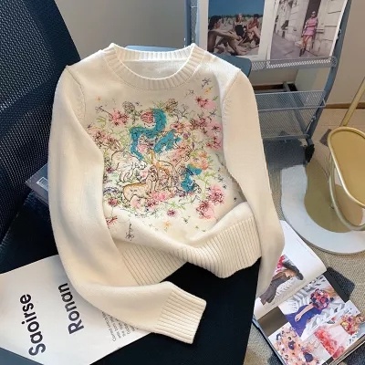 Áo Sweater Dệt Kim Tay Dài Cổ Tròn Thêu Họa Tiết Phong Cách Retro Thời Trang Mùa Thu 202 Cho Nữ