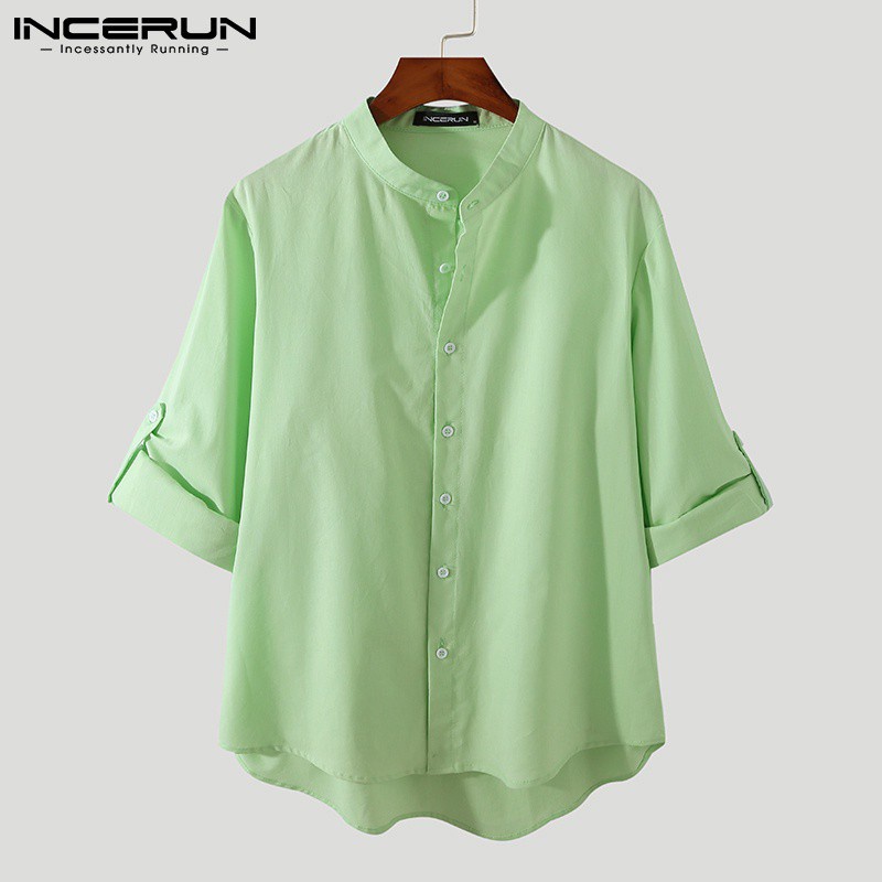 Áo sơ mi INCERUN tay dài màu trơn dáng rộng vải cotton thoải mái thời trang cho nam | BigBuy360 - bigbuy360.vn