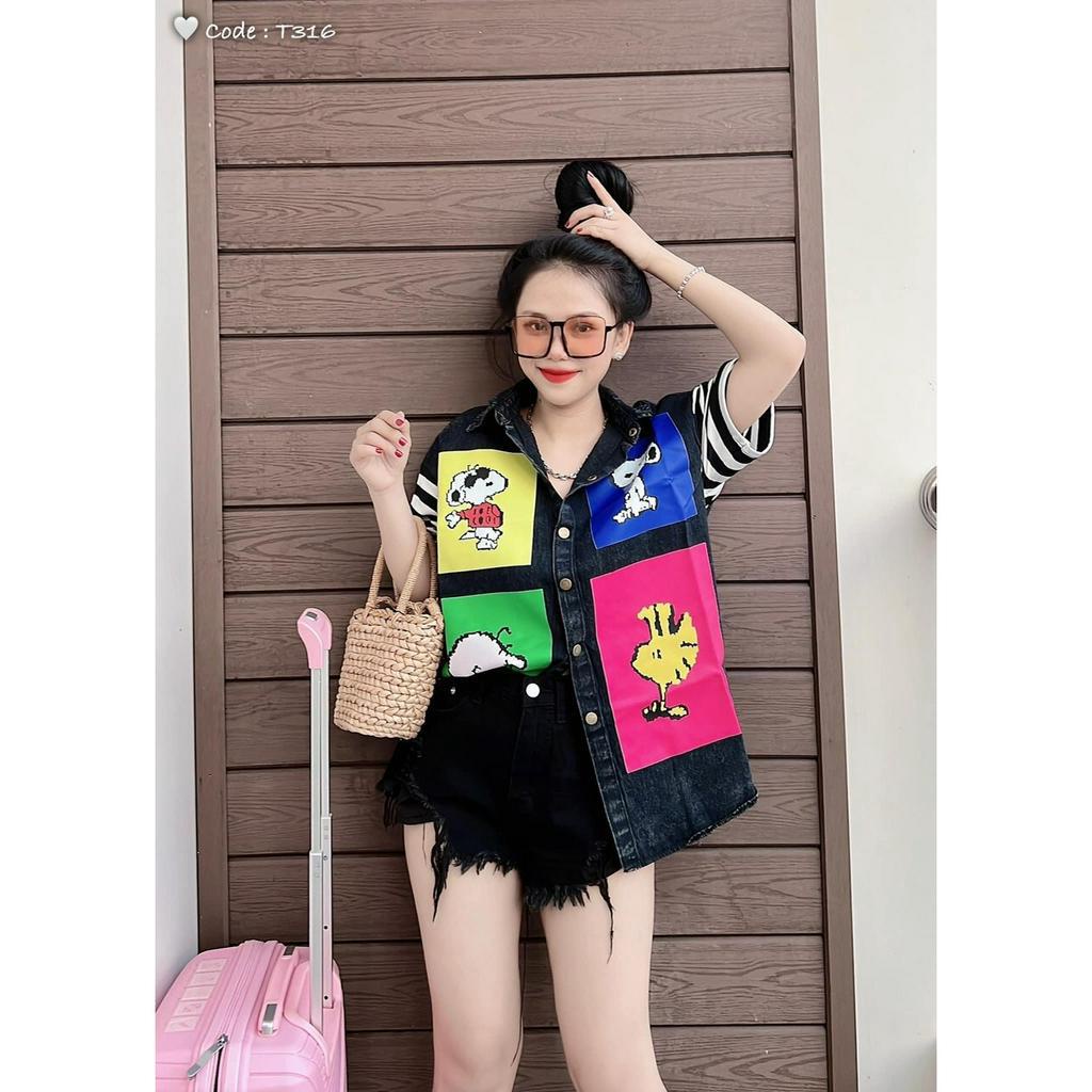 Áo sơ mi jean in ô vuông hoạt hình sọc tay