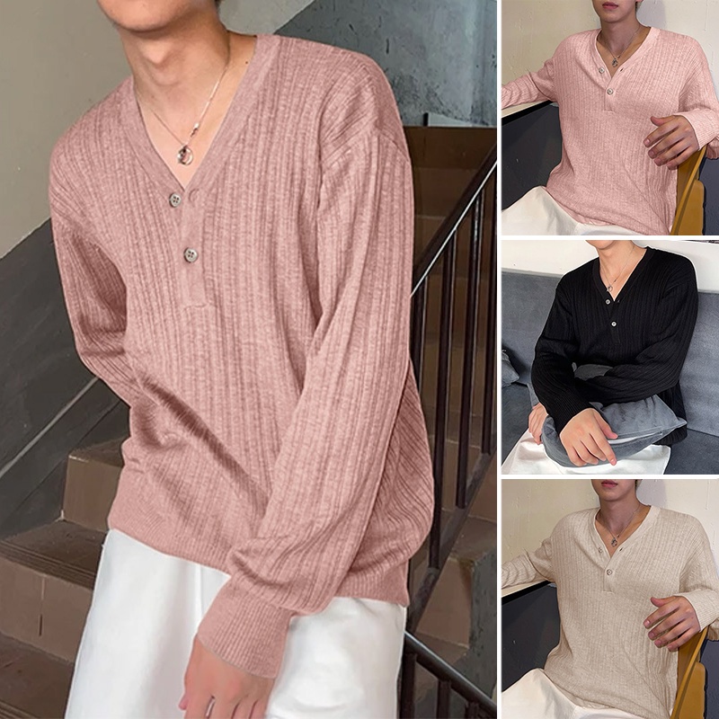 Áo sơ mi nam tay dài cổ chữ V kiểu dáng đơn giản