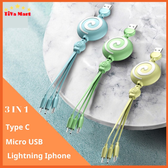 Cáp Sạc Đa Năng 3 Đầu Dây Rút 3 In 1 Sạc Nhanh Micro USB, Type-C và lightning_TiVa Mart