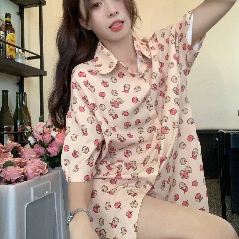 SUXI Áo Sơ Mi Tay Ngắn Dáng Rộng In Họa Tiết Trái Bí Ngô Dễ Thương Thời Trang Mùa Hè Cho Nữ