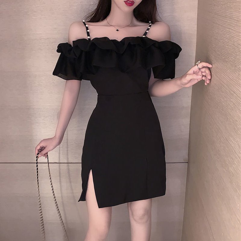 Đầm Ngắn Trễ Vai Phối Bèo Đính Ngọc Trai Phong Cách Hàn Quốc Thời Trang Mùa Hè Cho Nữ (2 Màu)