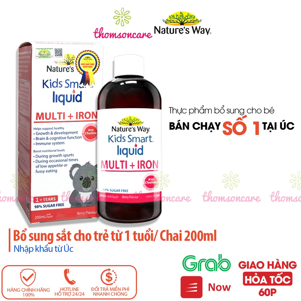 Siro bổ sung sắt cho bé từ Úc Nature Way Kids Smart Liquid Iron lọ 200ml, tăng miễn dịch, bổ máu, bé chảy máu cam