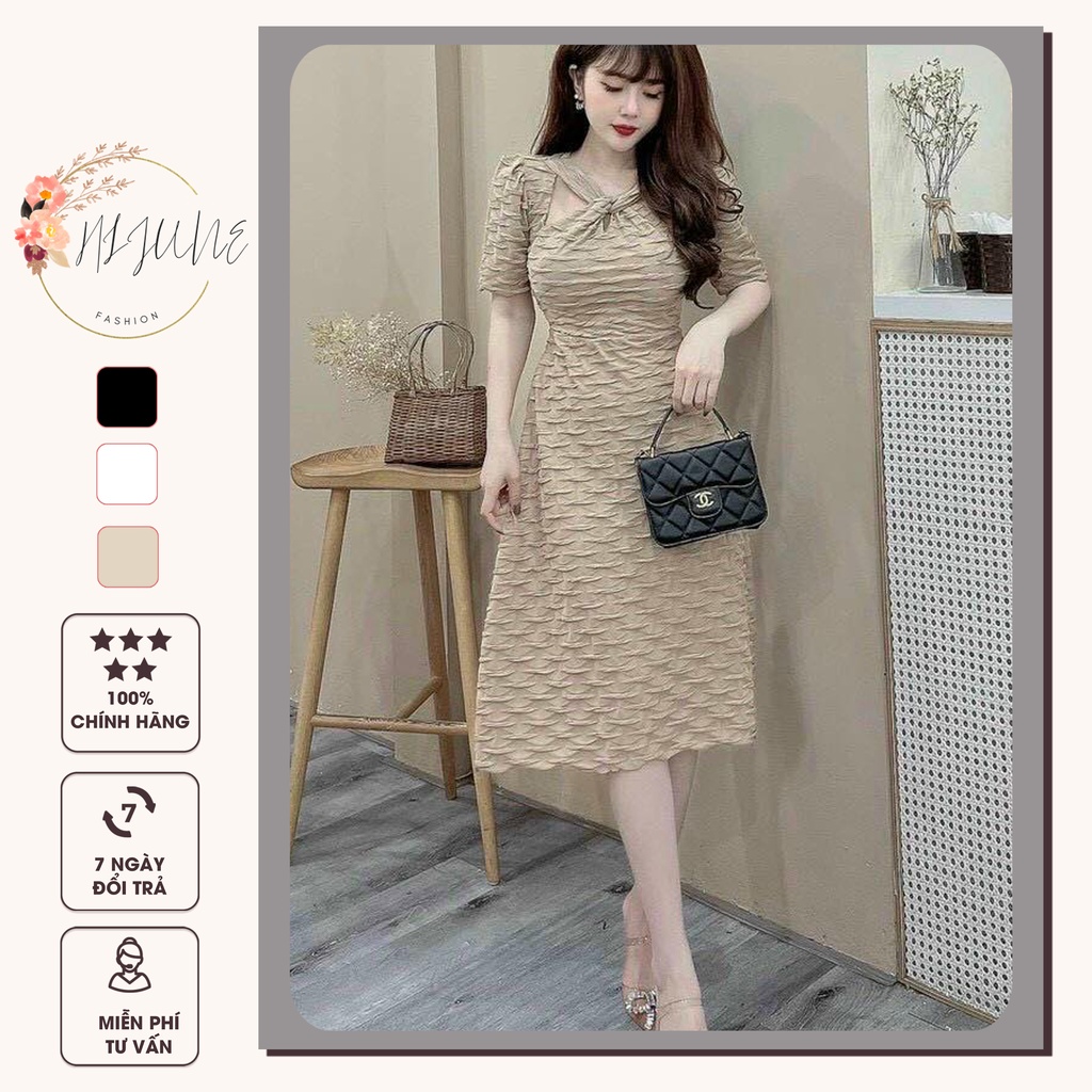 Đầm nữ váy dự tiệc cổ chéo thiết kế tay phồng chất liệu xốp HIJUNE VD10