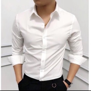 Áo sơ mi nam dài tay Hàn Quốc dáng ôm sơ mi nam trắng cổ bẻ vải lụa