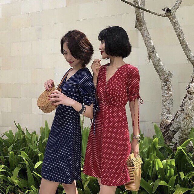 DX642 - Đầm Xòe Đi Biển Chấm Bi Nhún Tay Nhiều Màu