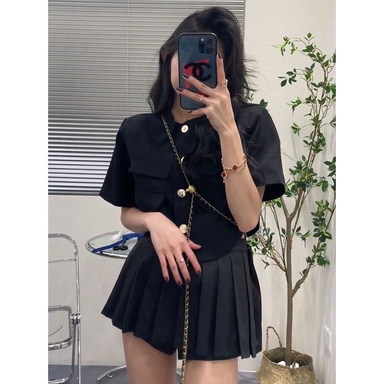 Hot!F &amp; X Set Áo Sơ Mi Phối Chân Váy Xếp Ly Eo Cao Thời Trang Mùa Hè Phong Cách Hàn Quốc Dành Cho Nữ