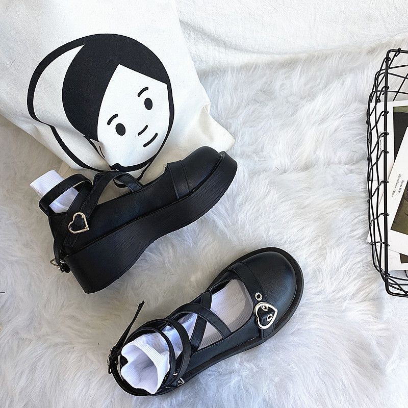 Giày búp bê Lolita dây cài tim đế cao dày đẹp 5cm