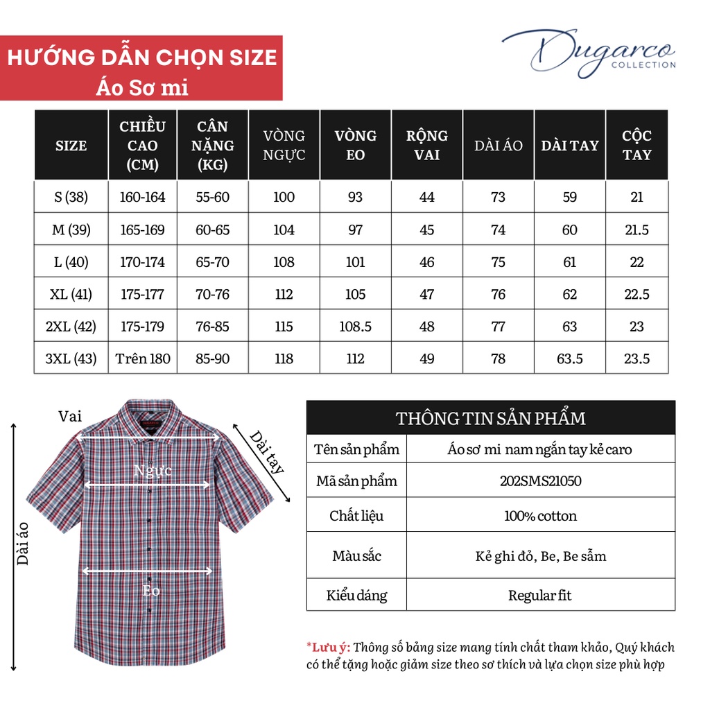 Áo sơ mi DUGARCO nam tay ngắn dáng Regular fit, họa tiết kẻ caro, chất liệu cotton 202SMS21050