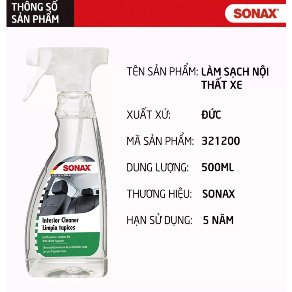 Dung Dịch Vệ Sinh Nội Thất Ô Tô, Chai Xịt Làm Sạch Ô Tô Sonax Interior Cleaner 0.5L