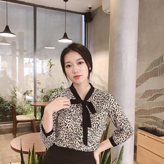 Sơ mi da beo cổ buộc nơ