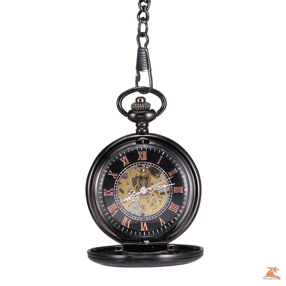 #Đồng hồ bỏ túi# Men Women Quartz Pocket Watch Black Hollow Petal Carved Case with Chain