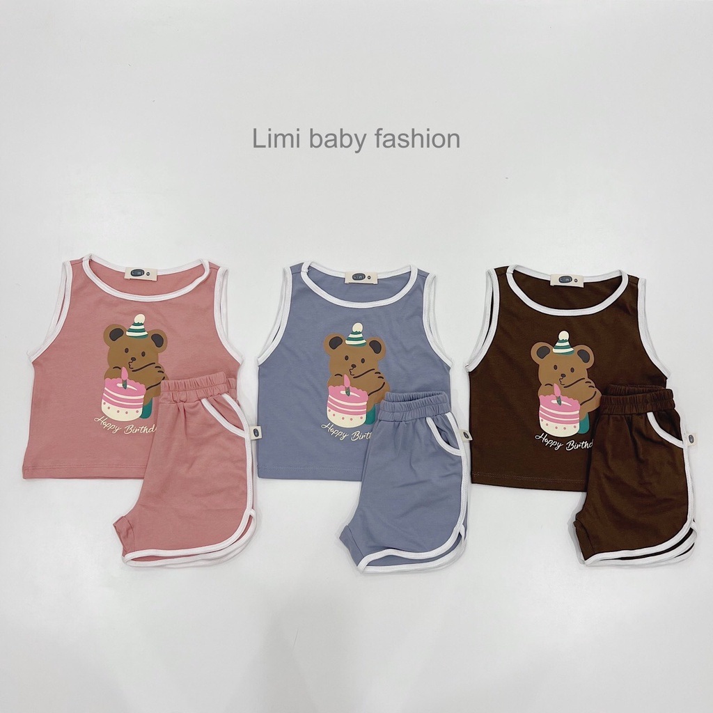 Bộ ba lỗ bé trai hoạ tiết gấu dễ thương, áo khoét nách mát mẻ cho bé, bộ không tay cho bé