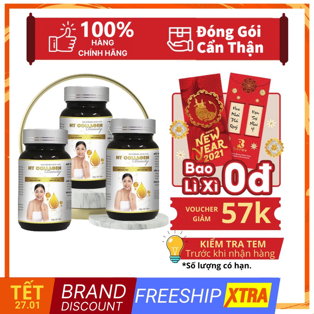 Viên uống đẹp da Collagen 3 hộp trắng da, căng mịn da sau 1 tháng HT COLLAGEN