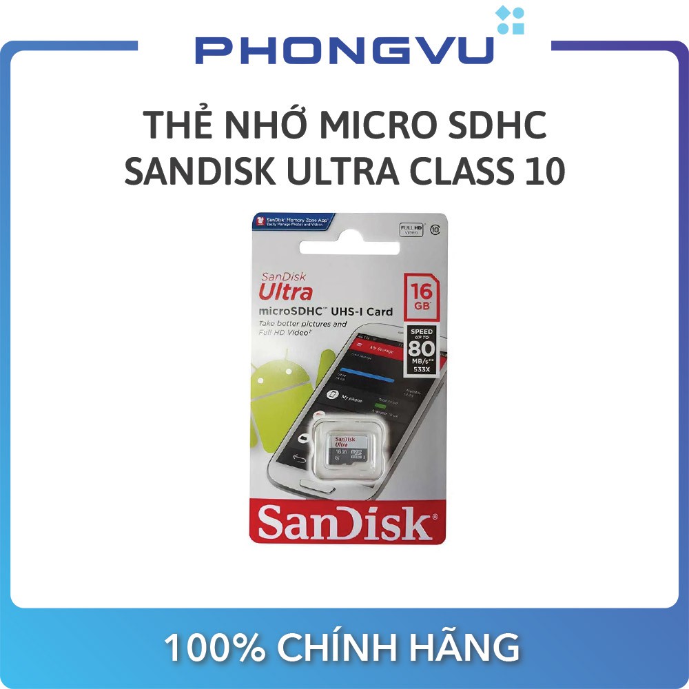 Thẻ nhớ Micro SDHC Sandisk 16GB (class 10) Ultra - Bảo hành 84 tháng