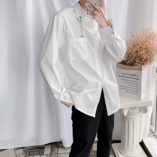 Áo Sơ Mi Nam Màu Trắng - Đen Túi Ngực Phối Xích Ở Cổ Mặc Đi Học, Mặc Đi Chơi Phong Cách Hàn Quốc | BigBuy360 - bigbuy360.vn