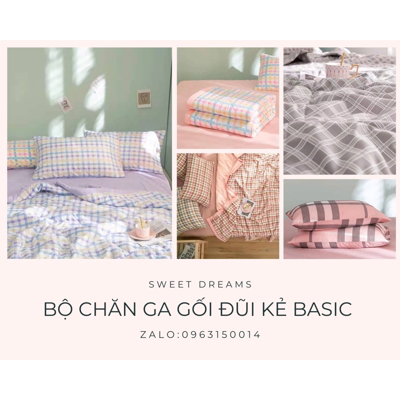 Bộ 4 món chăn chần hè ga gối cotton đũi kẻ basic