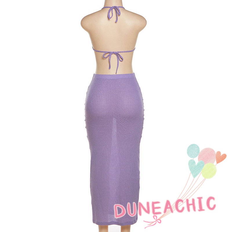 DUNEA Set đồ gồm áo tank top dệt kim + chân váy màu trơn thiết kế ôm sát tôn dáng