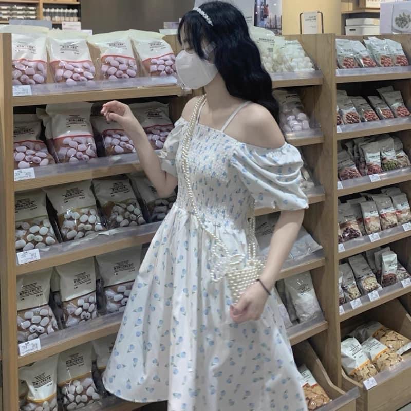 Váy babydoll hoa nhí tulip CHUN NGỰC cộc tay mặc 2 kiểu phong cách ulzzang
