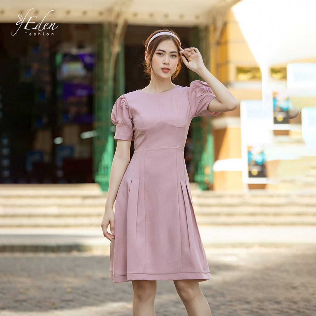 Đầm xòe chữ a tay phồng xếp li thời trang Eden cỗ tròn có túi chất liệu mềm mát không nhăn co giãn nhẹ - D437