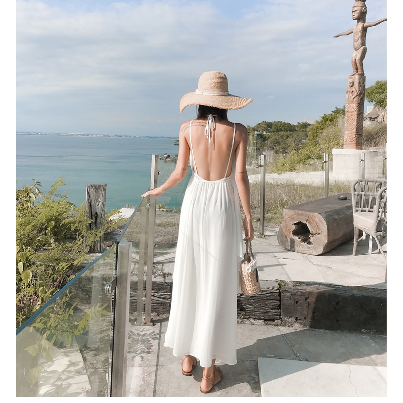 Váy voan cổ yếm dáng dài thời trang đi biển quyến rũ cho nữ | BigBuy360 - bigbuy360.vn