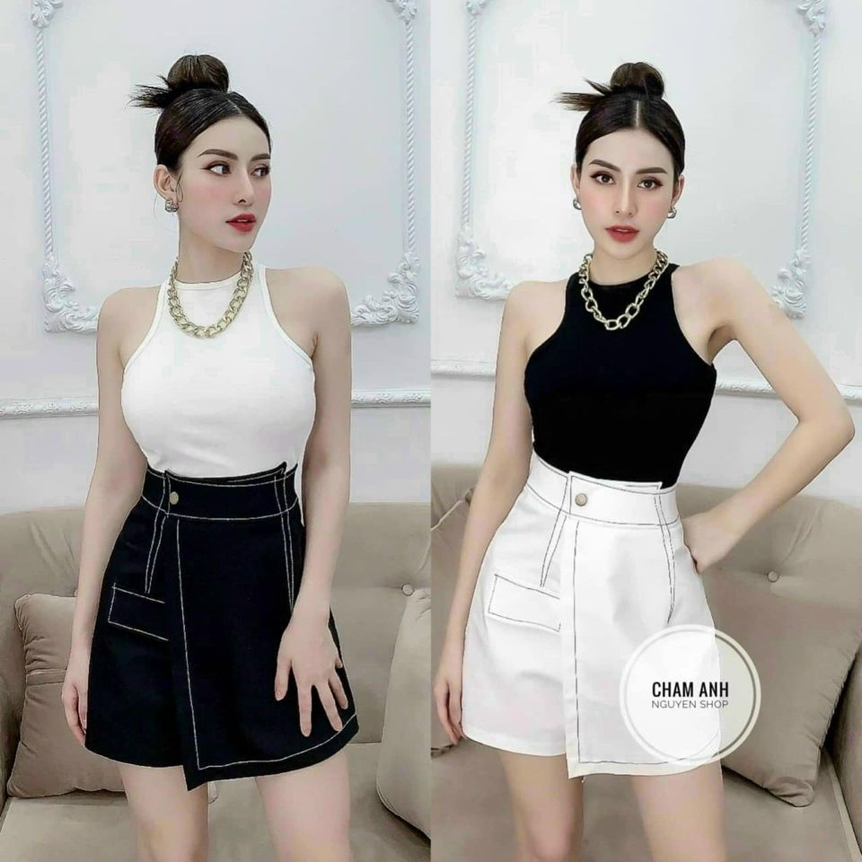 Quần short giả váy nữ Ladya dáng chữ chữ A lưng cao vạt chéo viền chỉ nổi khuy lệch 2 màu đen trắng M666