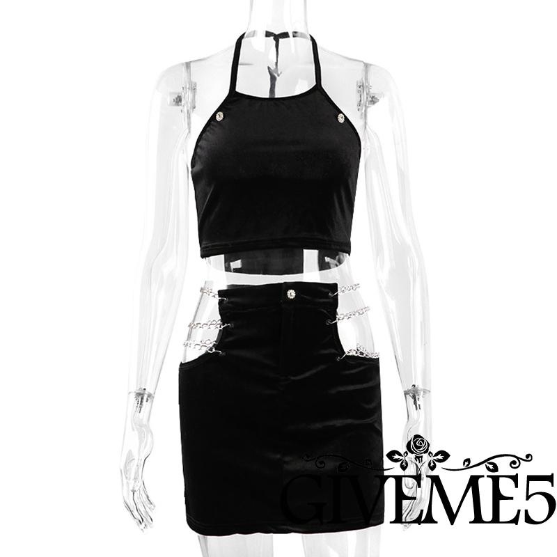 Set Áo Tank Top Cổ Yếm + Chân Váy Ôm Dáng Lưng Cao Thời Trang Mùa Hè Cho Nữ