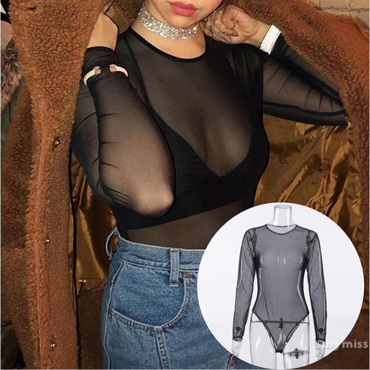 Áo liền quần Tay Dài Cổ Tròn Xuyên Thấu Màu Trơn Thời Trang Quyến Rũ Cho Nữ