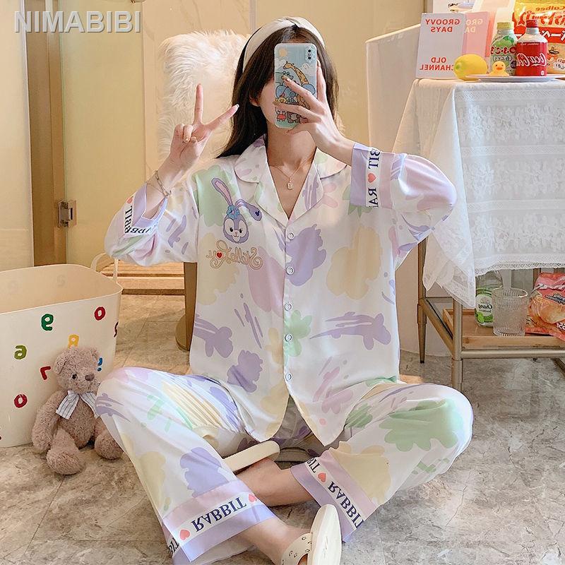 Ready Stock Same Day Shipment ∋┇❄Bộ Đồ Ngủ Tay Dài Vải Lụa Lạnh In Hoạt Hình Thời Trang Thu Đông Xinh Xắn Cho Nữ