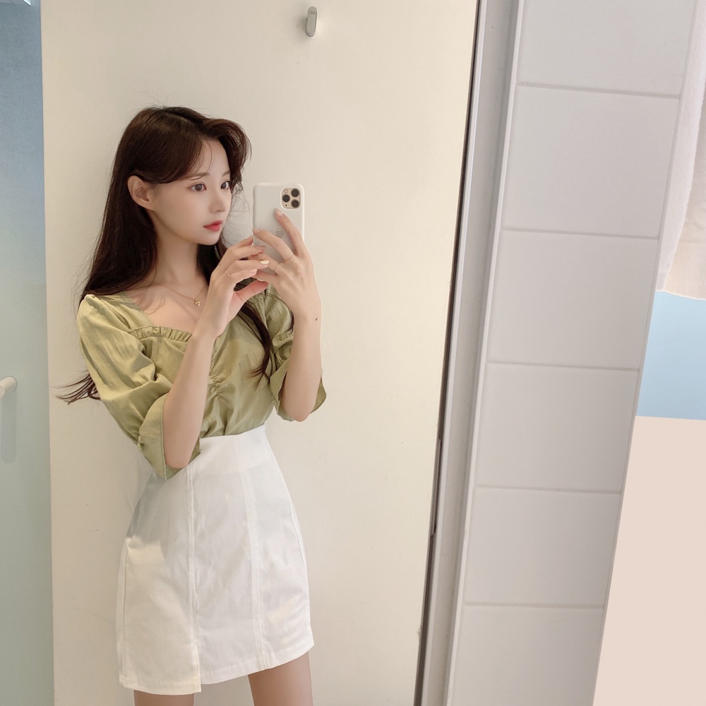 SUXI Áo Sơ Mi Tay Ngắn Cổ Chữ V Màu Sắc Đơn Giản Phong Cách Hàn Quốc