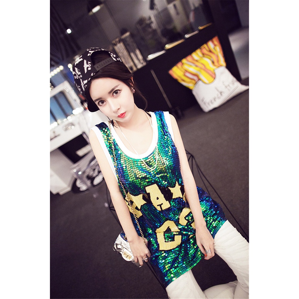 Áo Thun Hip-Hop Dáng Dài Đính Kim Sa 23 Chữ Cái Màu Đen / Bạc / Đỏ Lấp Lánh Phong Cách Jazz Cho Nữ 2047