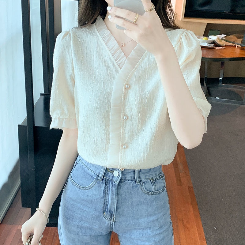 AMOI Áo Voan Tay Phồng Ngắn Cổ Chữ V Xinh Xắn Thời Trang Kiểu Pháp Cho Nữ 2022