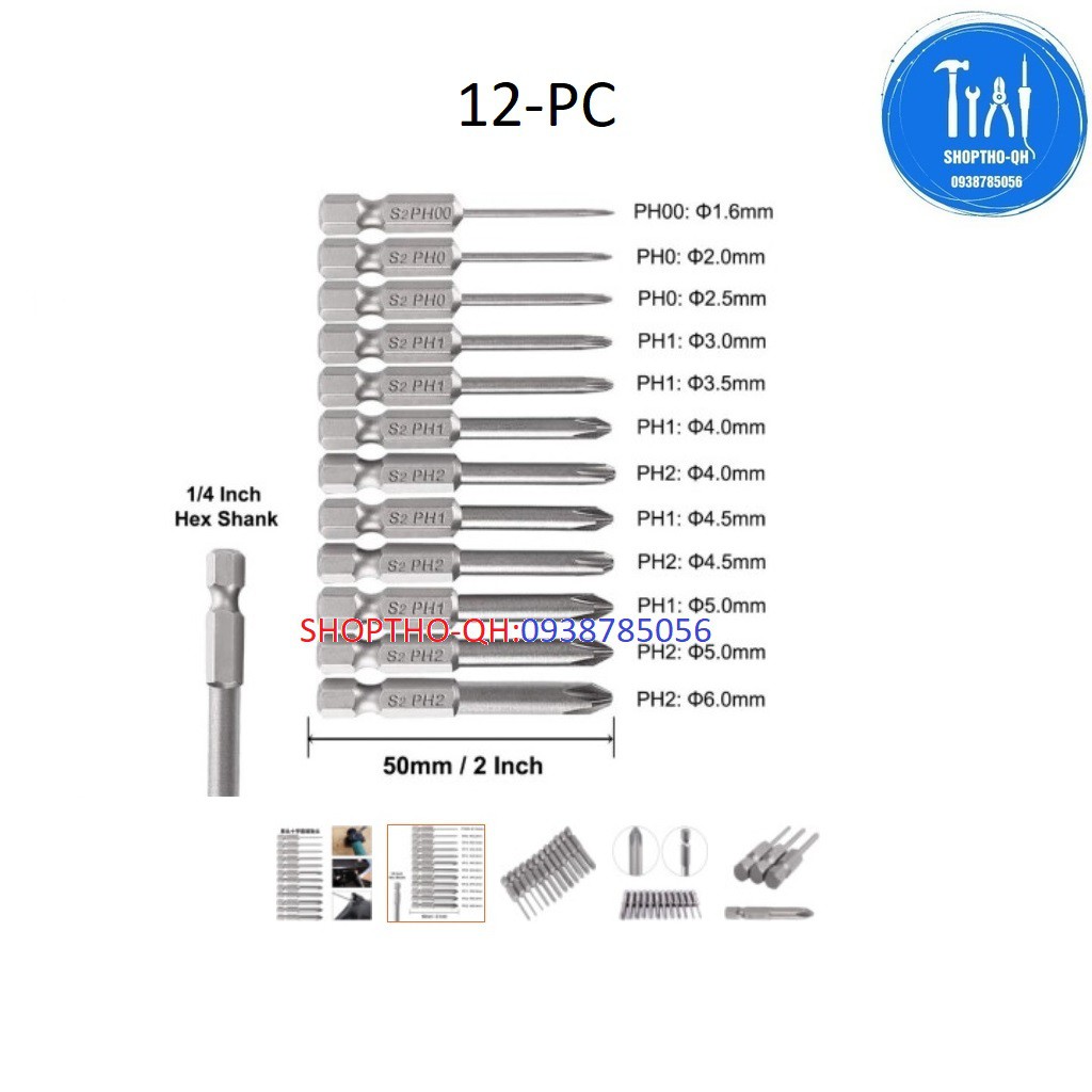 Bộ 12 đầu tua vít 4 cạnh có từ tính dài 50mm