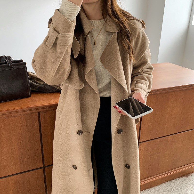 Áo khoác dạ len ép dáng dài phong cách Hàn quốc thu đông